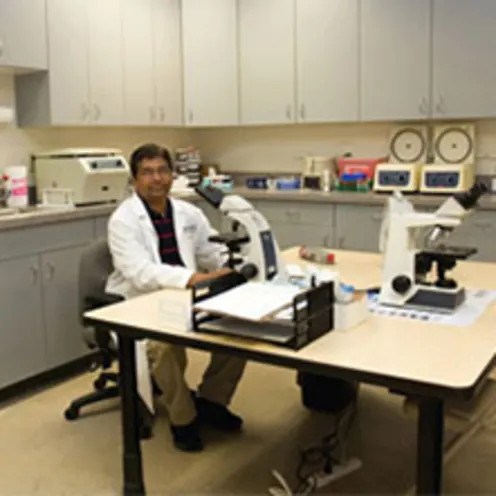 Doctor sitting at a large table in the laboratory at New England Animal Medical Center